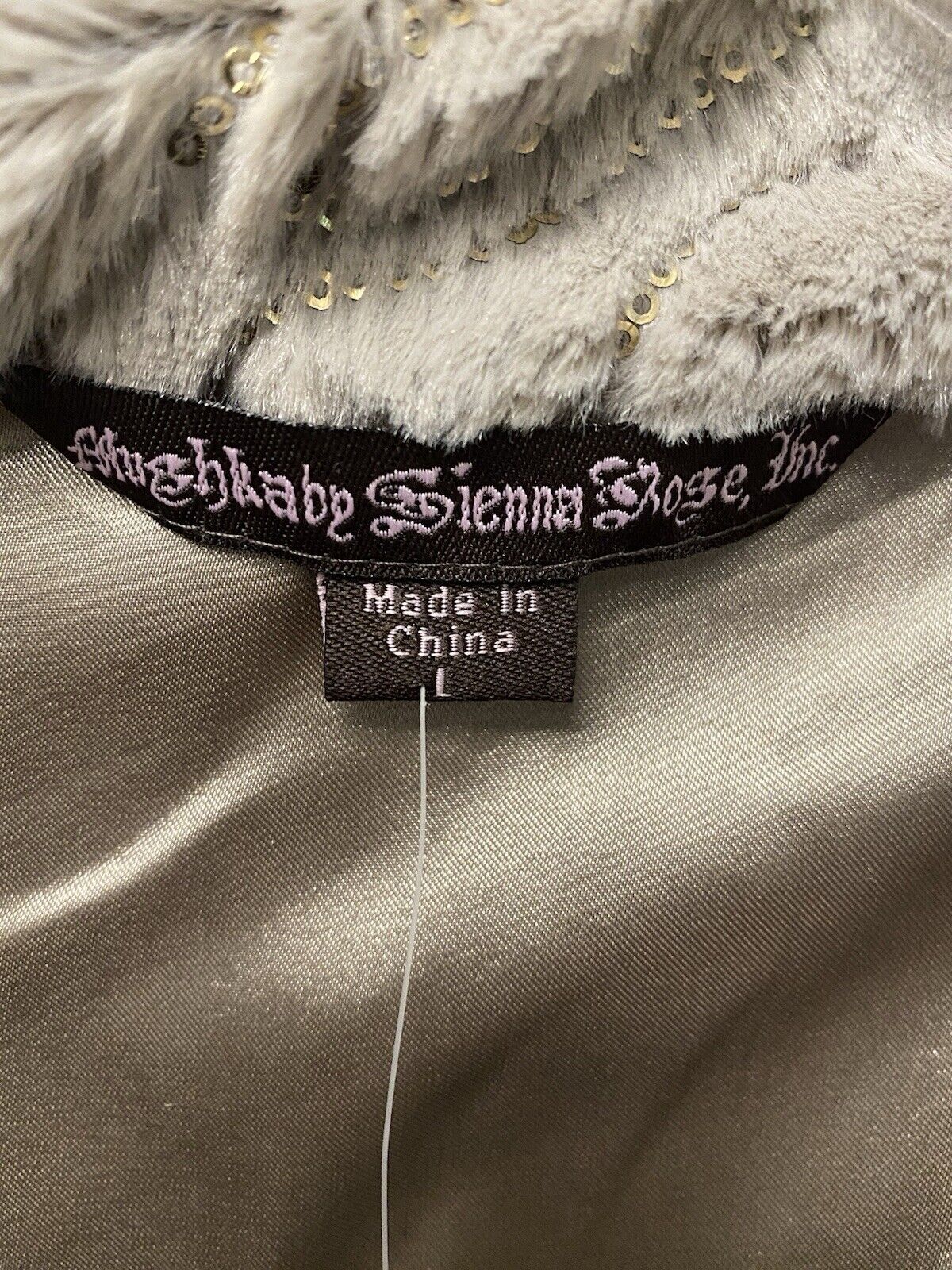 Mushka Sienna Rose Grey Faux Rabbit Fur Gold Sequin Long Vest Furrier Hooks Sz M