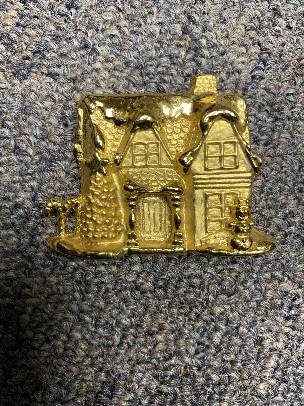 Vintage Signed AJC Gold Tone Christmas Tree Village House Snowman Pin Brooch