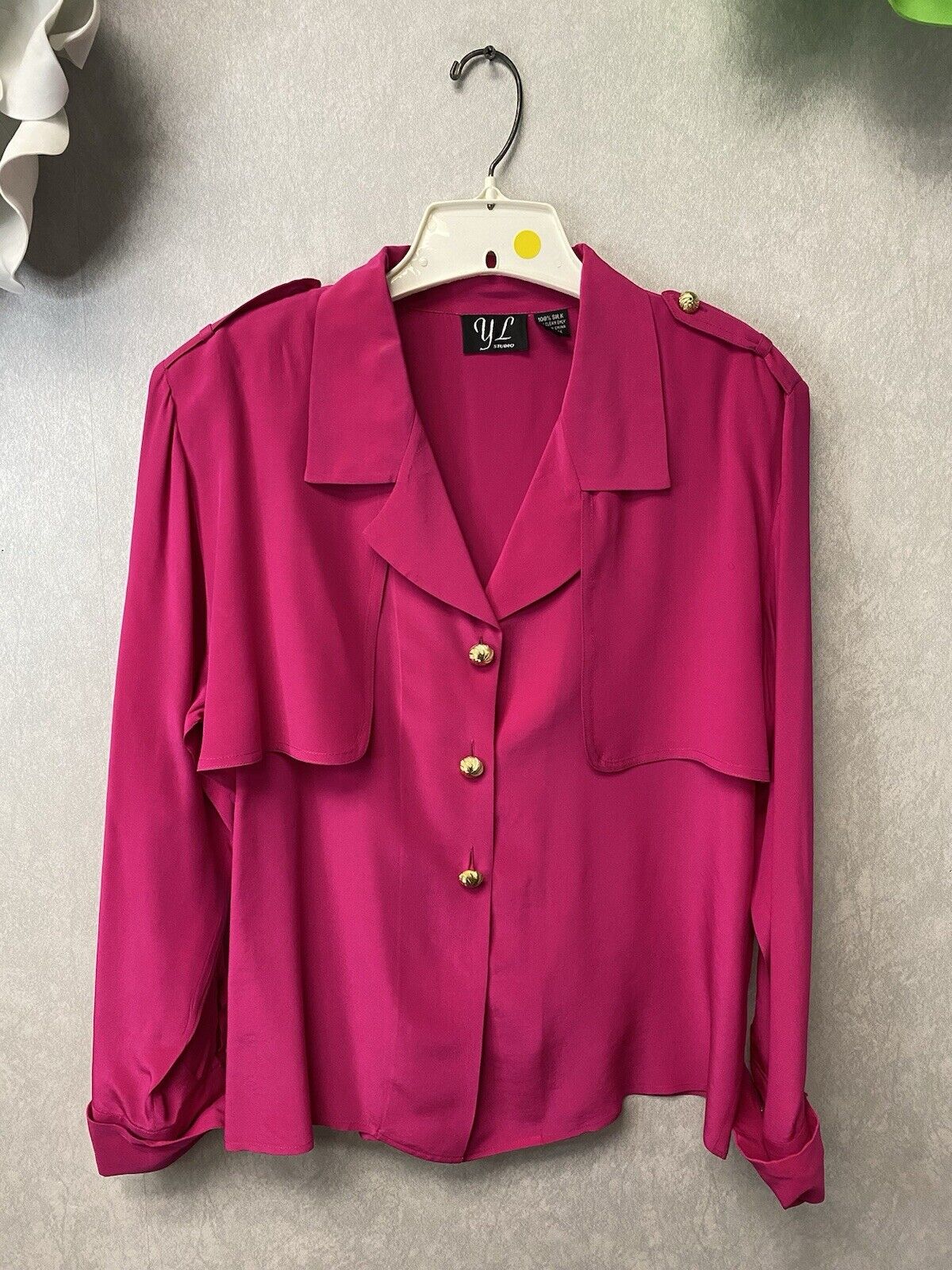 Vintage YL Studio 100% silk Pink Size 12 gold buttons With Cuffs