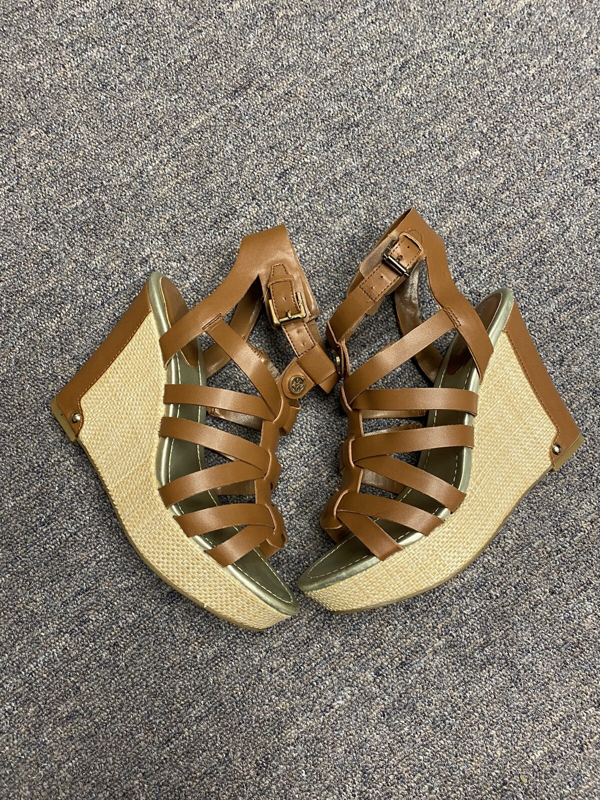 Liz Claiborne Platform Wedges Women 7 Sandals LC Crete Brown Tan Strappy Heels