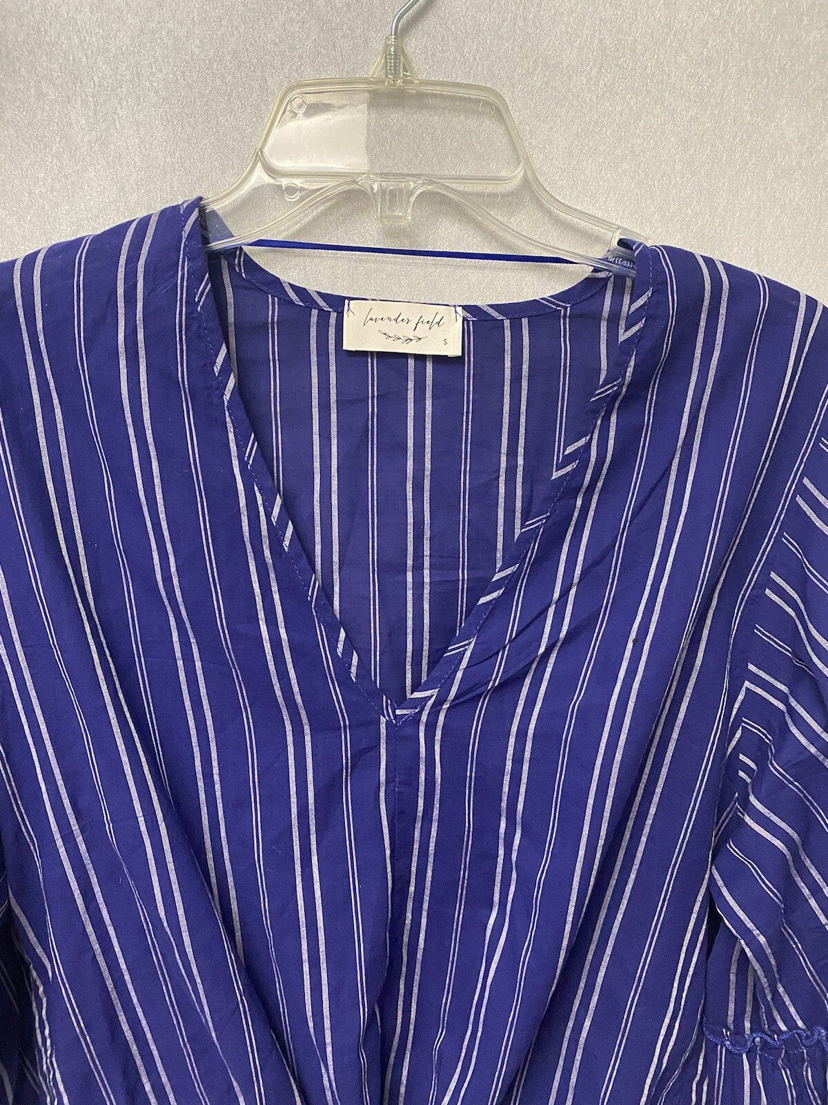 Lavender Field Blouse Blue Striped V-Neck Bell Sleeve Cropped Boho Size Small