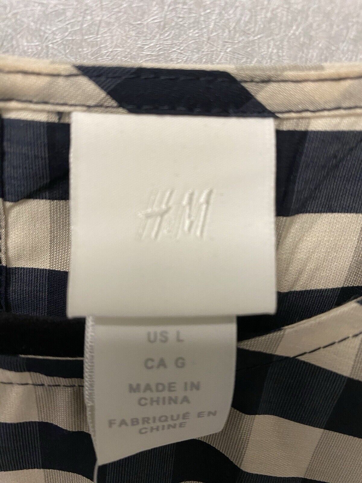 H&M Striped / Checkered Dress Woman’s Size Large Puff Sleeves Navy/Beige