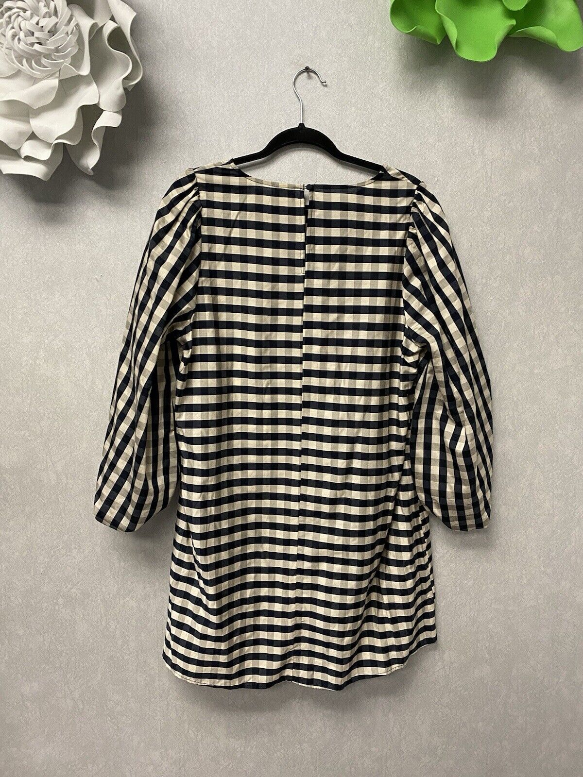 H&M Striped / Checkered Dress Woman’s Size Large Puff Sleeves Navy/Beige