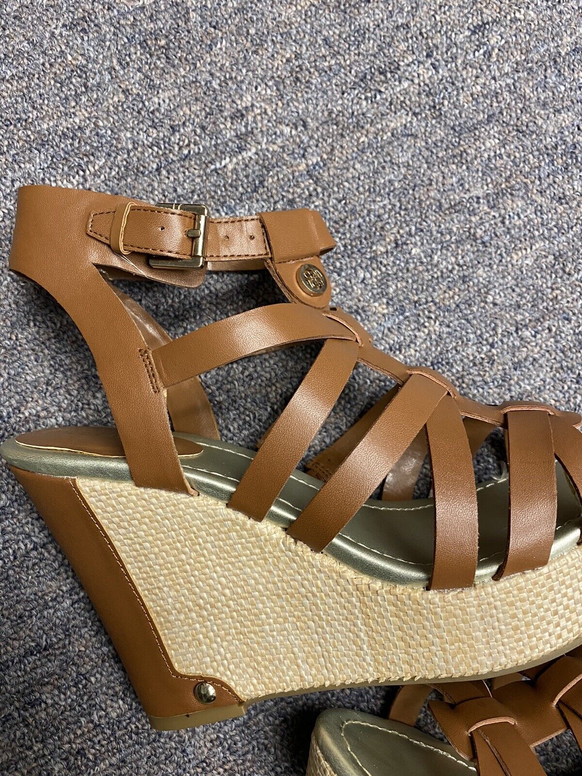 Liz Claiborne Platform Wedges Women 7 Sandals LC Crete Brown Tan Strappy Heels