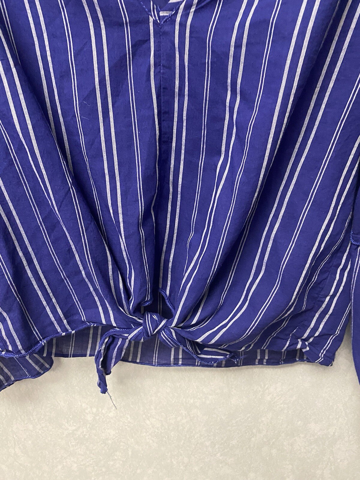 Lavender Field Blouse Blue Striped V-Neck Bell Sleeve Cropped Boho Size Small
