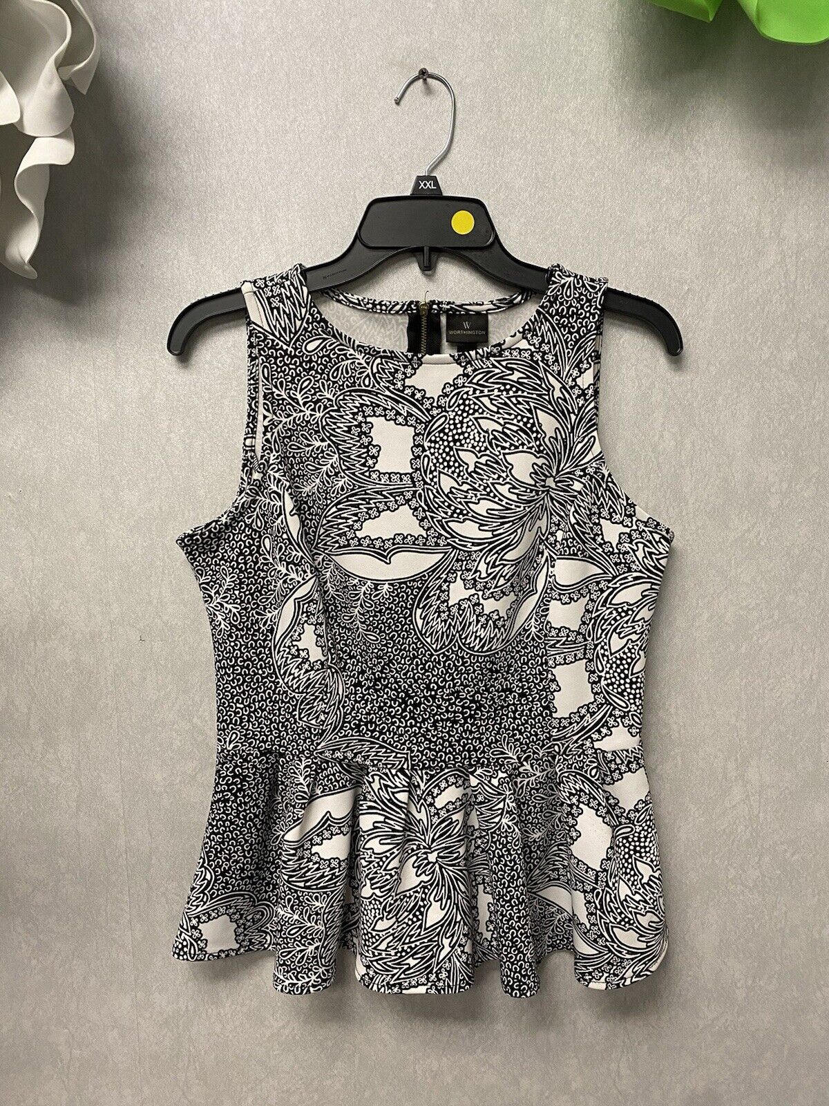 WORTHINGTON-Women's Bohemian Style Black and White Peplum Top Size Med