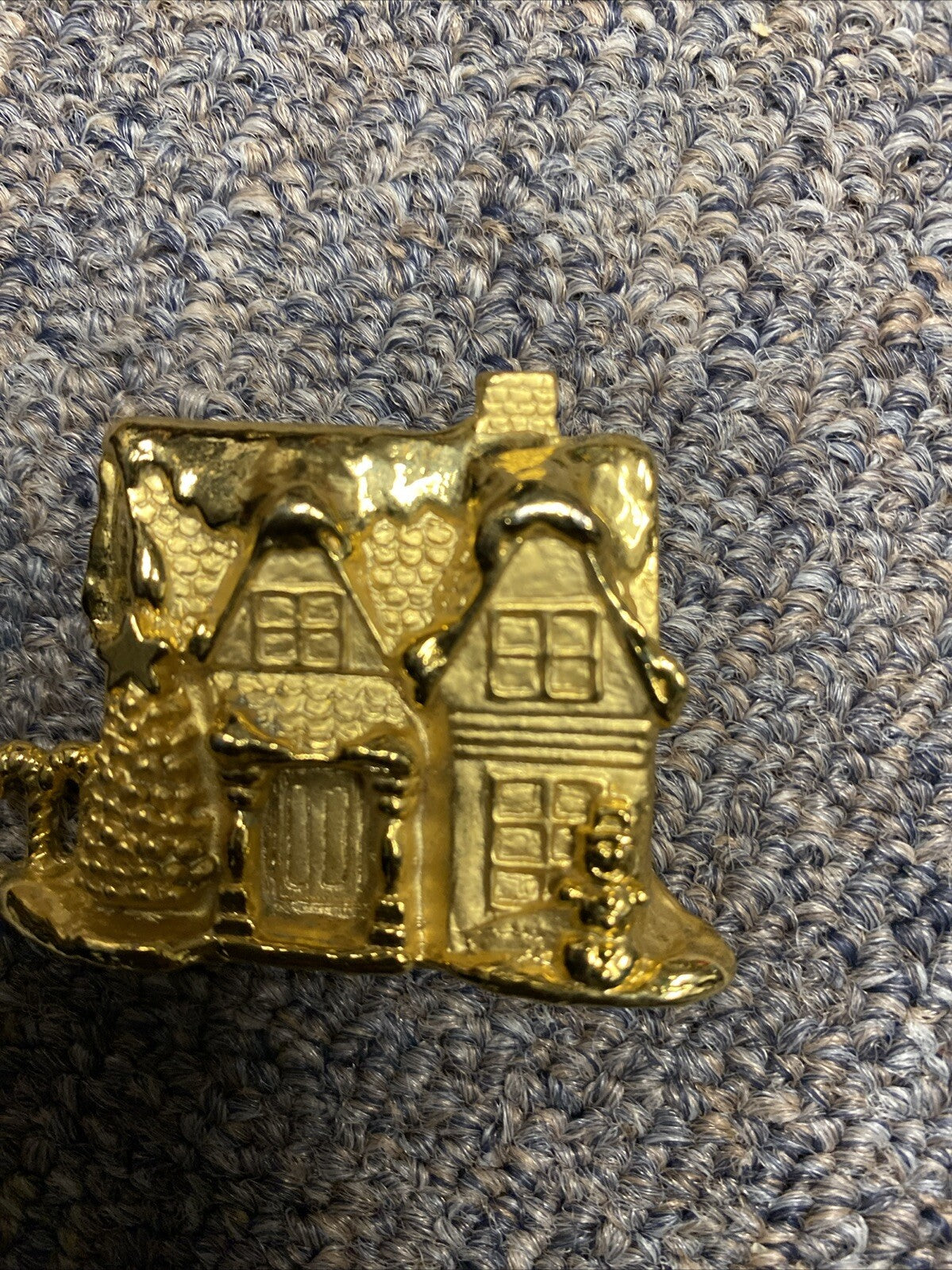 Vintage Signed AJC Gold Tone Christmas Tree Village House Snowman Pin Brooch