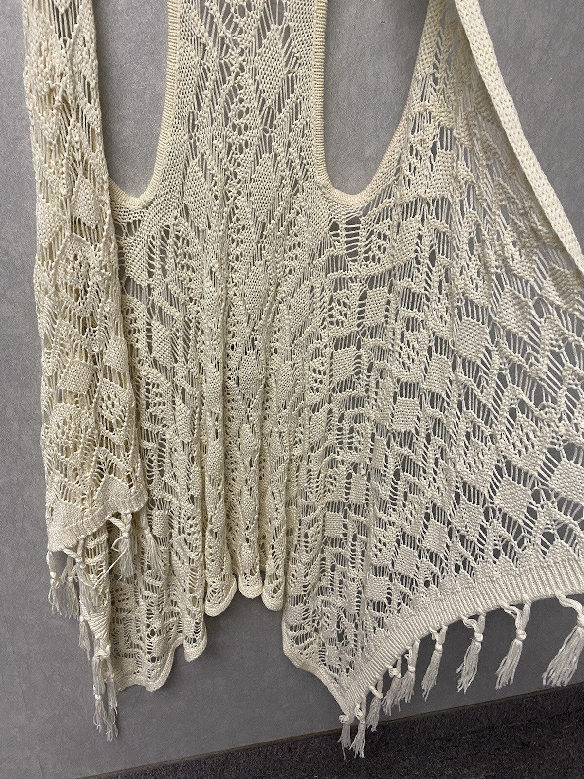 Rue 21 Small Fringe Open Crocheted Lace Trim Vest Hippie