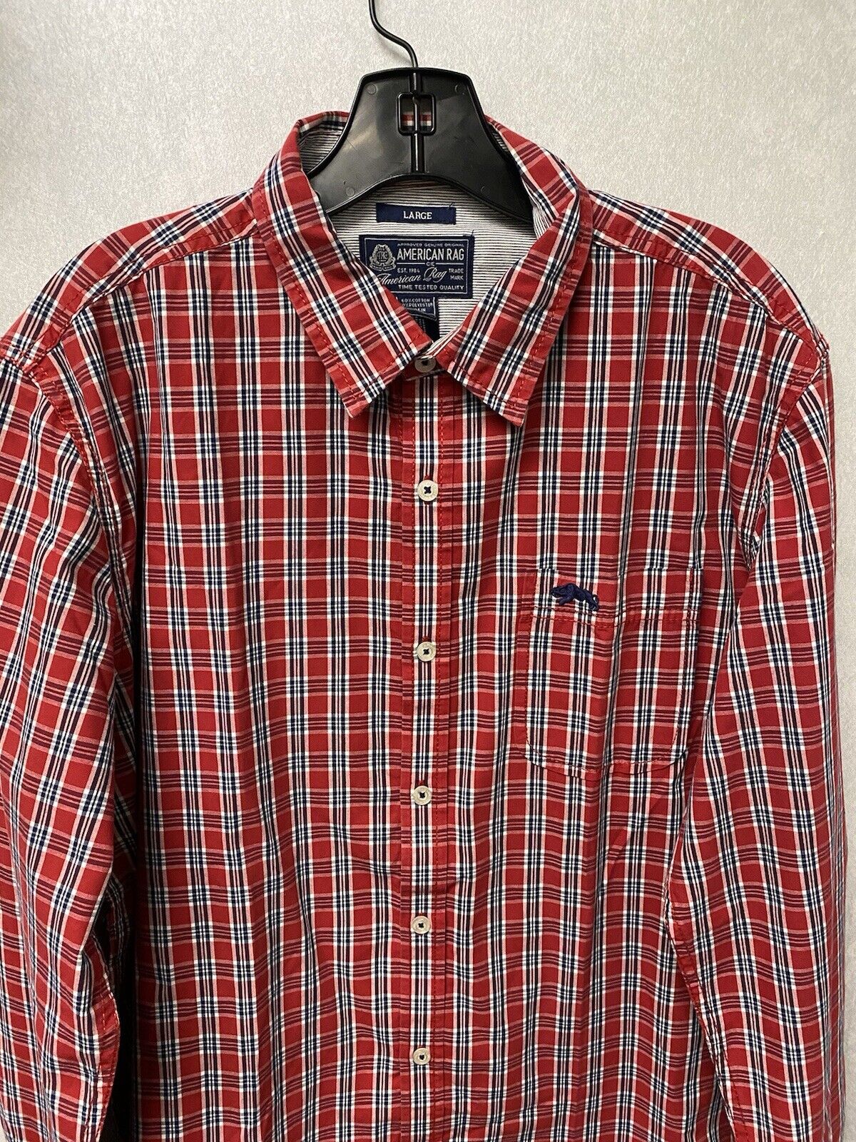 American Rag Red Blue Striped Logo Button Down Shirt Men’s Large