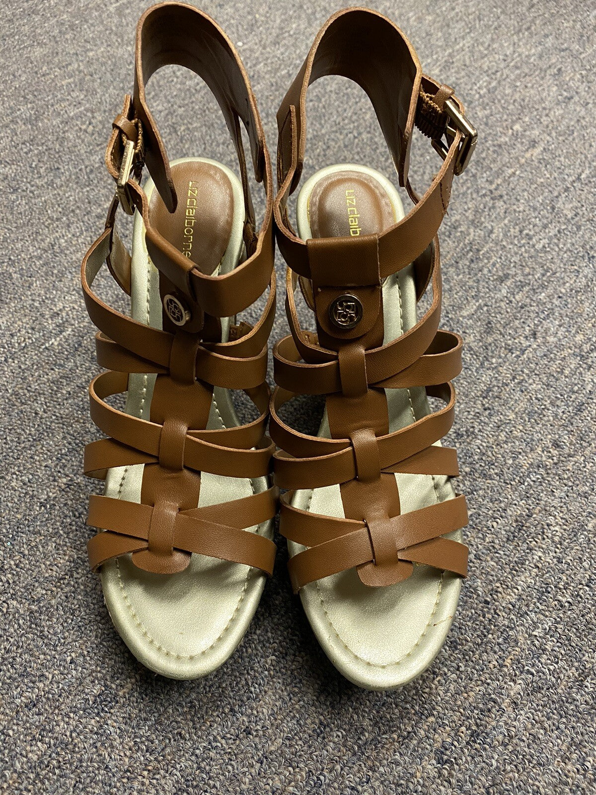 Liz Claiborne Platform Wedges Women 7 Sandals LC Crete Brown Tan Strappy Heels