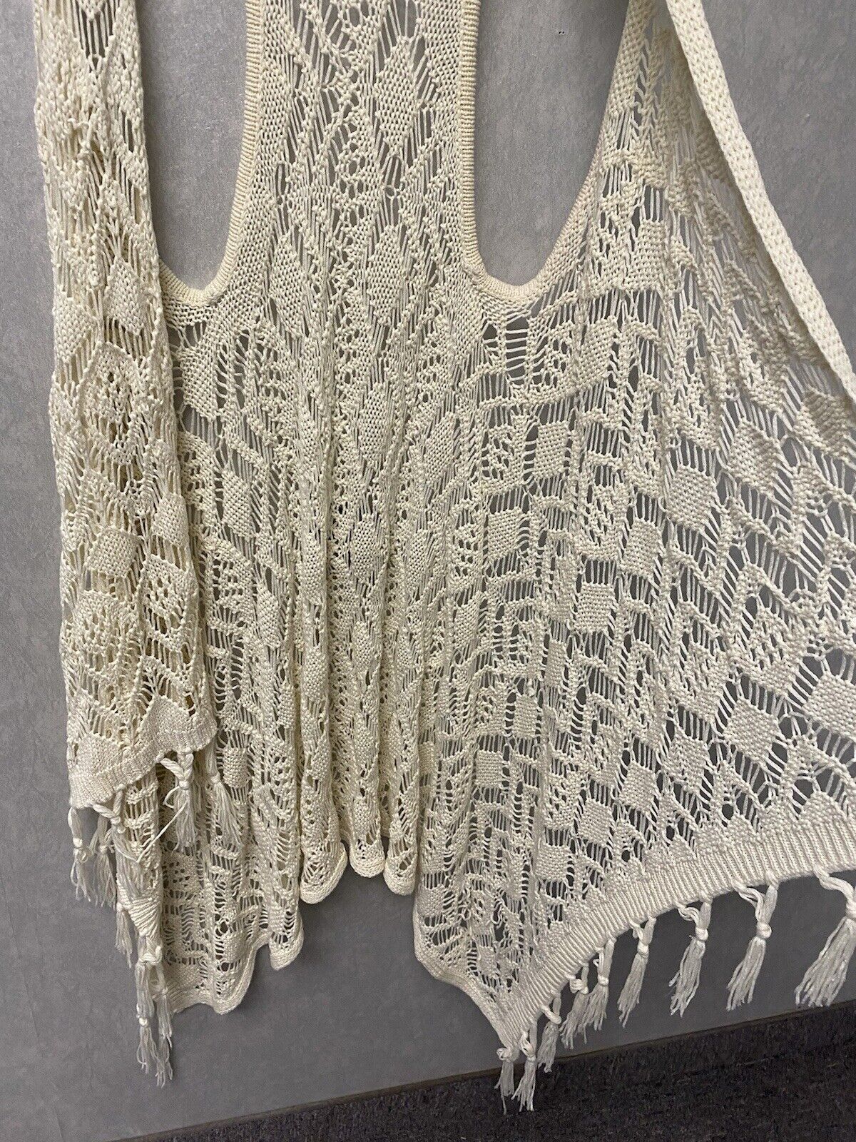 Rue 21 Small Fringe Open Crocheted Lace Trim Vest Hippie