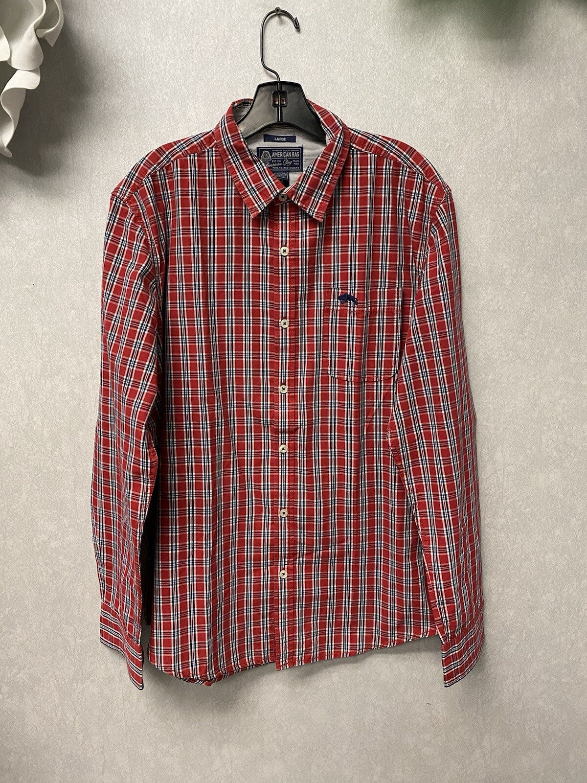 American Rag Red Blue Striped Logo Button Down Shirt Men’s Large