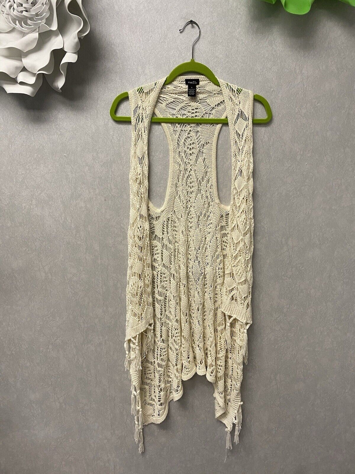Rue 21 Small Fringe Open Crocheted Lace Trim Vest Hippie