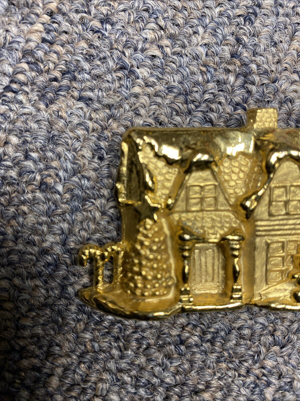Vintage Signed AJC Gold Tone Christmas Tree Village House Snowman Pin Brooch