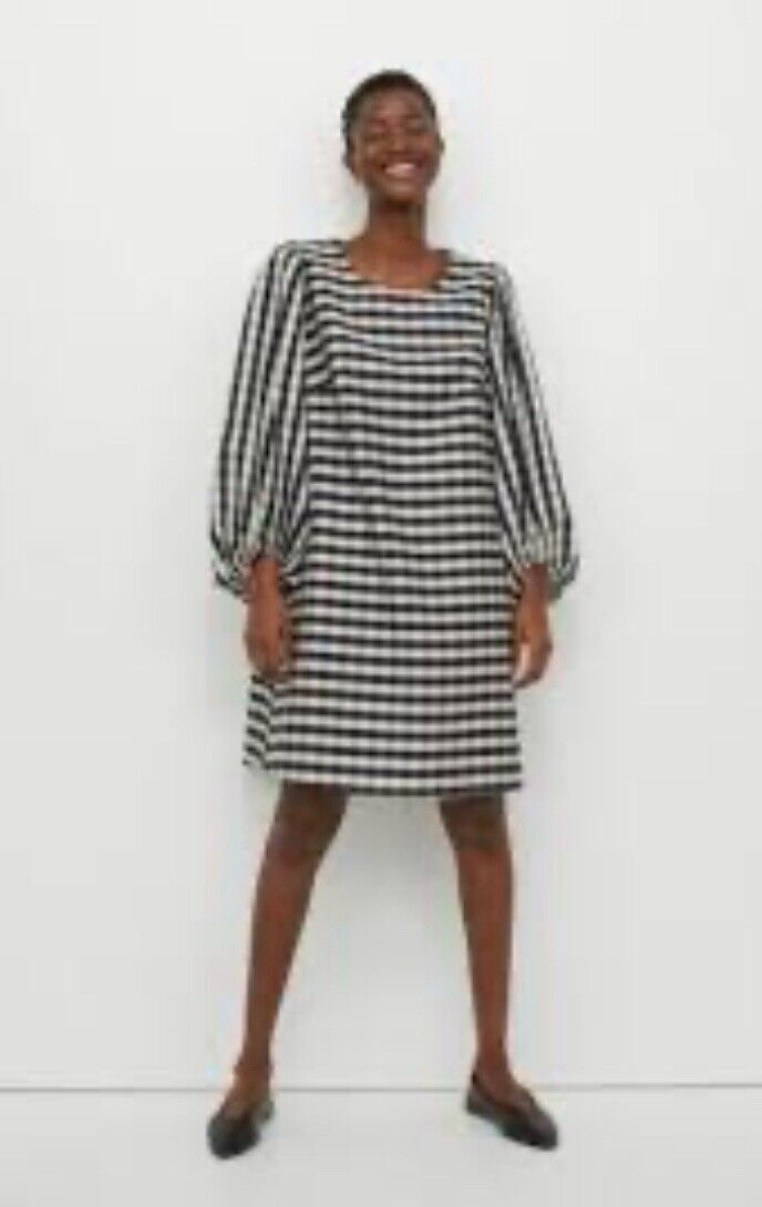 H&M Striped / Checkered Dress Woman’s Size Large Puff Sleeves Navy/Beige