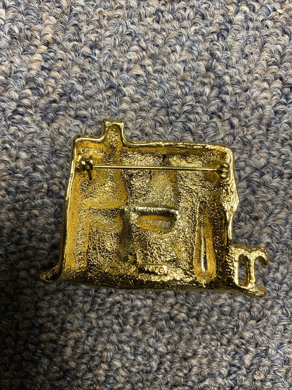 Vintage Signed AJC Gold Tone Christmas Tree Village House Snowman Pin Brooch