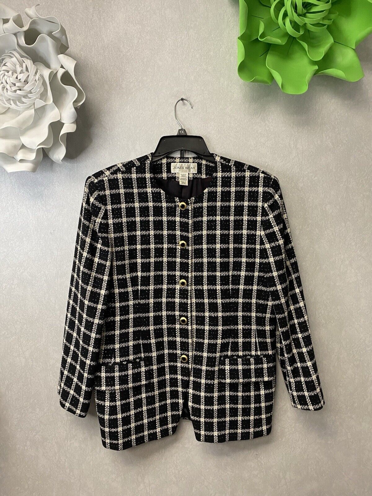 Jones Wear Black & White Gold Shimmer Jacket Blazer Size Large