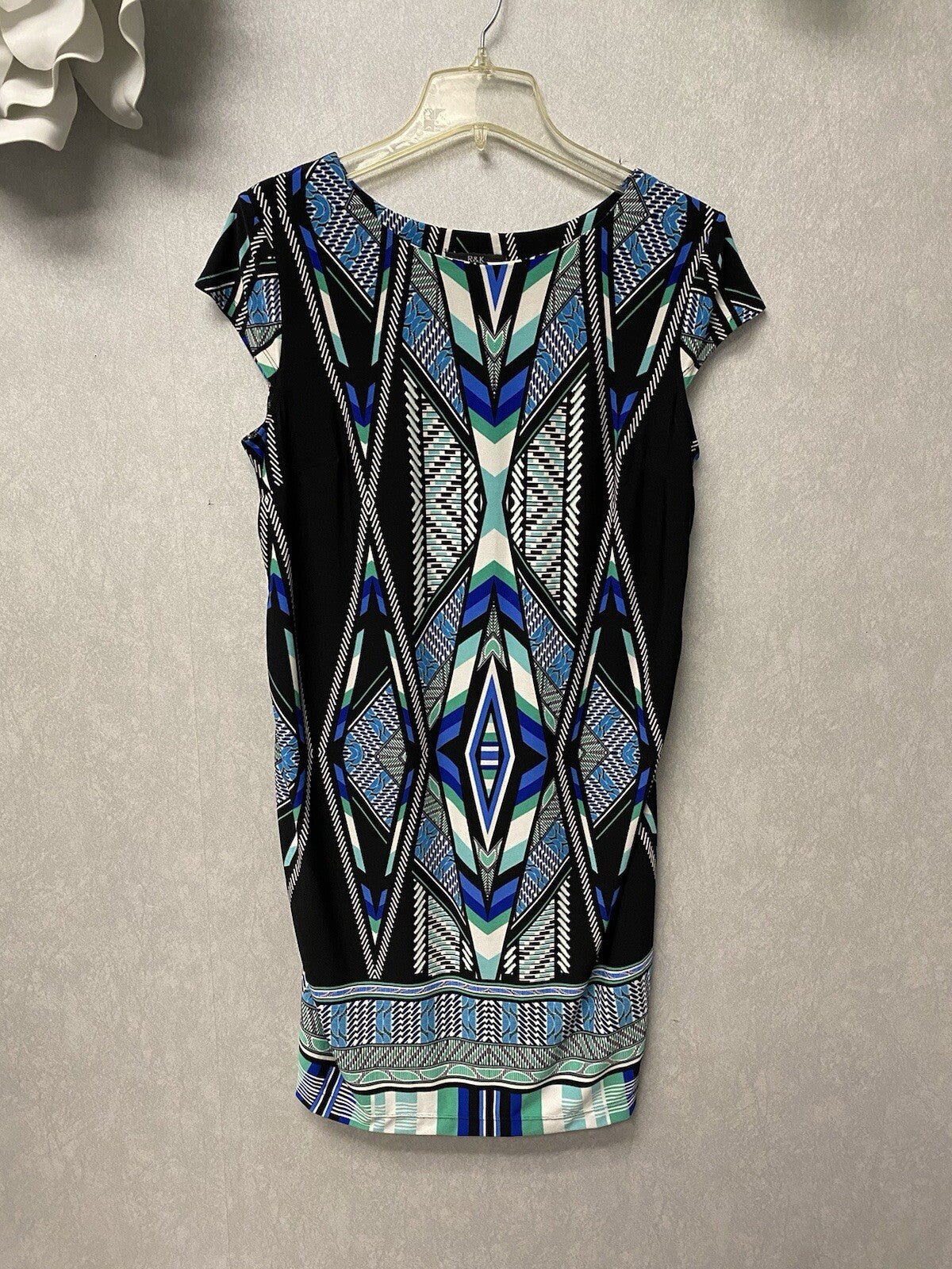 R&K Womens Dress Blue Black Teal White Stretch Knit Size Medium