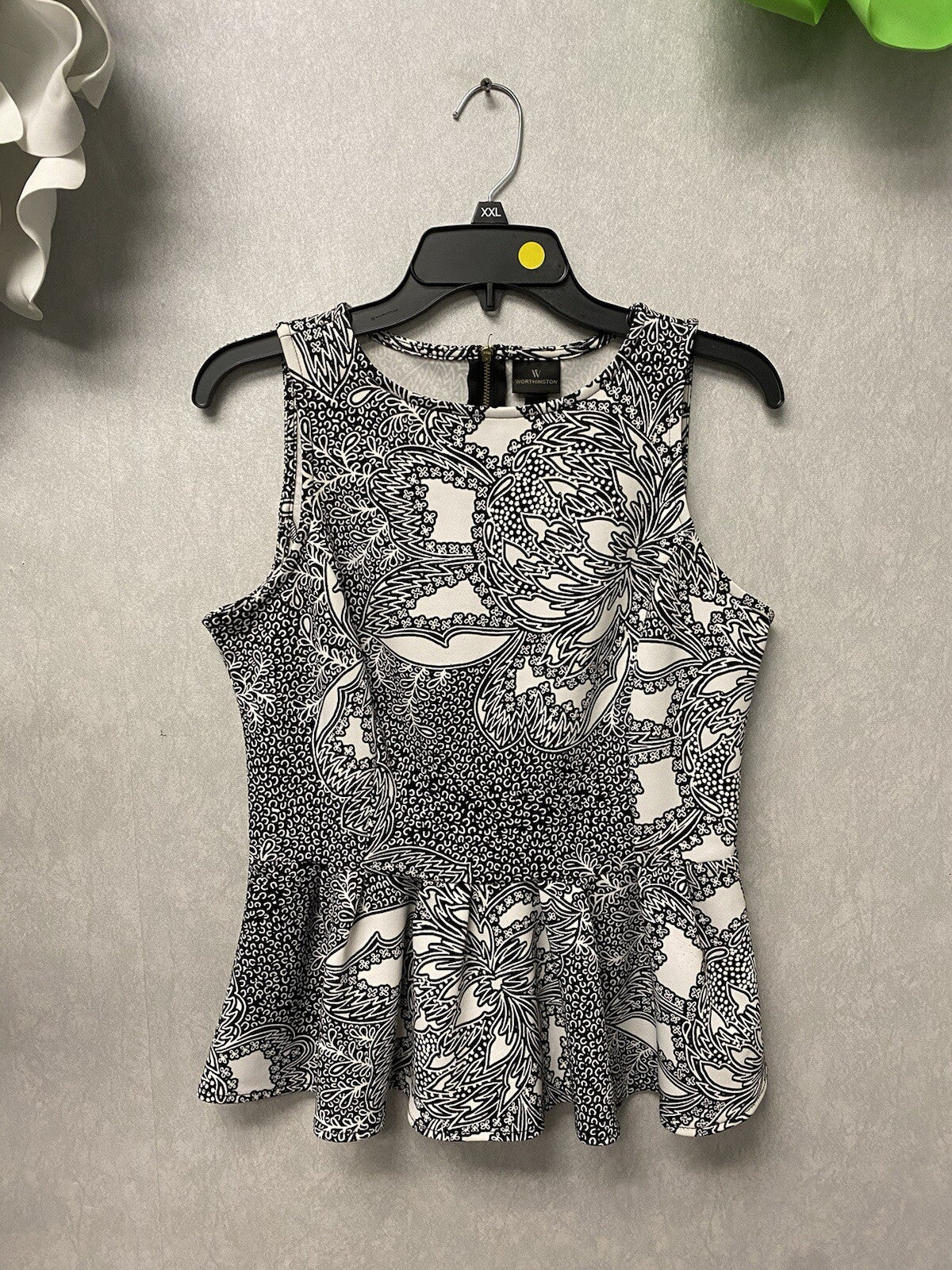 WORTHINGTON-Women's Bohemian Style Black and White Peplum Top Size Med