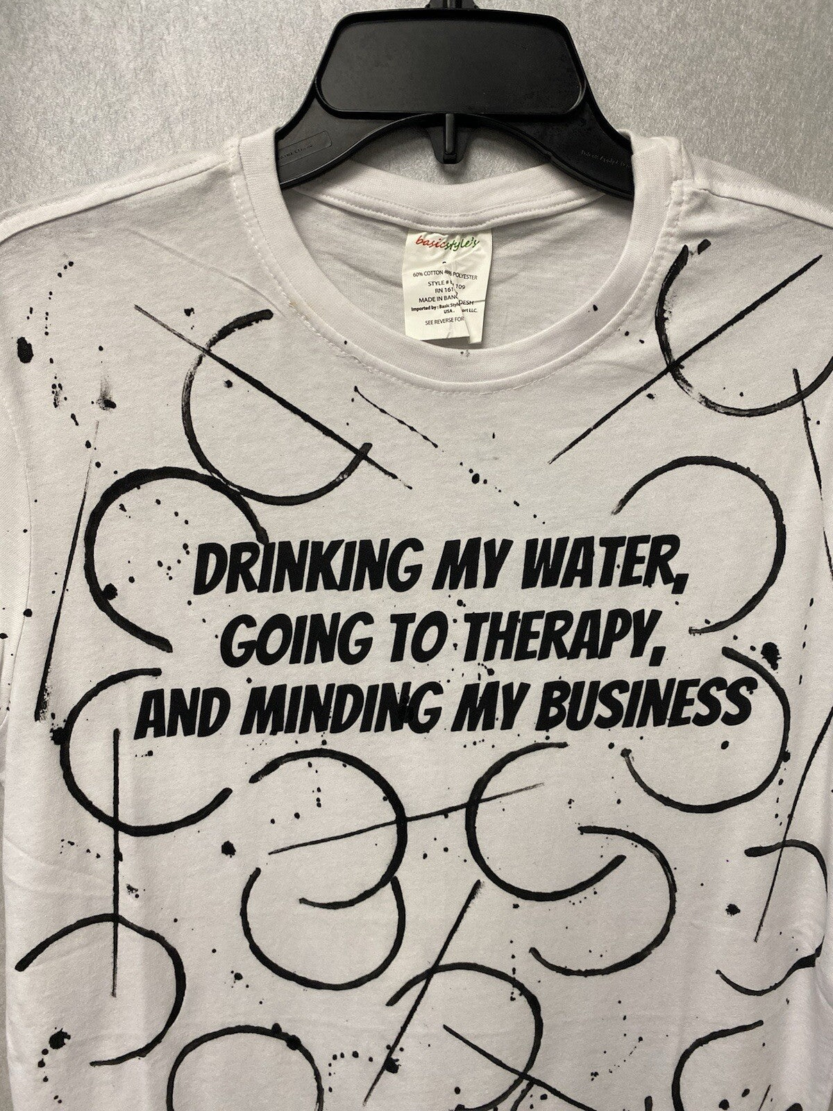 Revamped White/ Black Hand Painted T-shirt Size Small Drinking My Water Theme