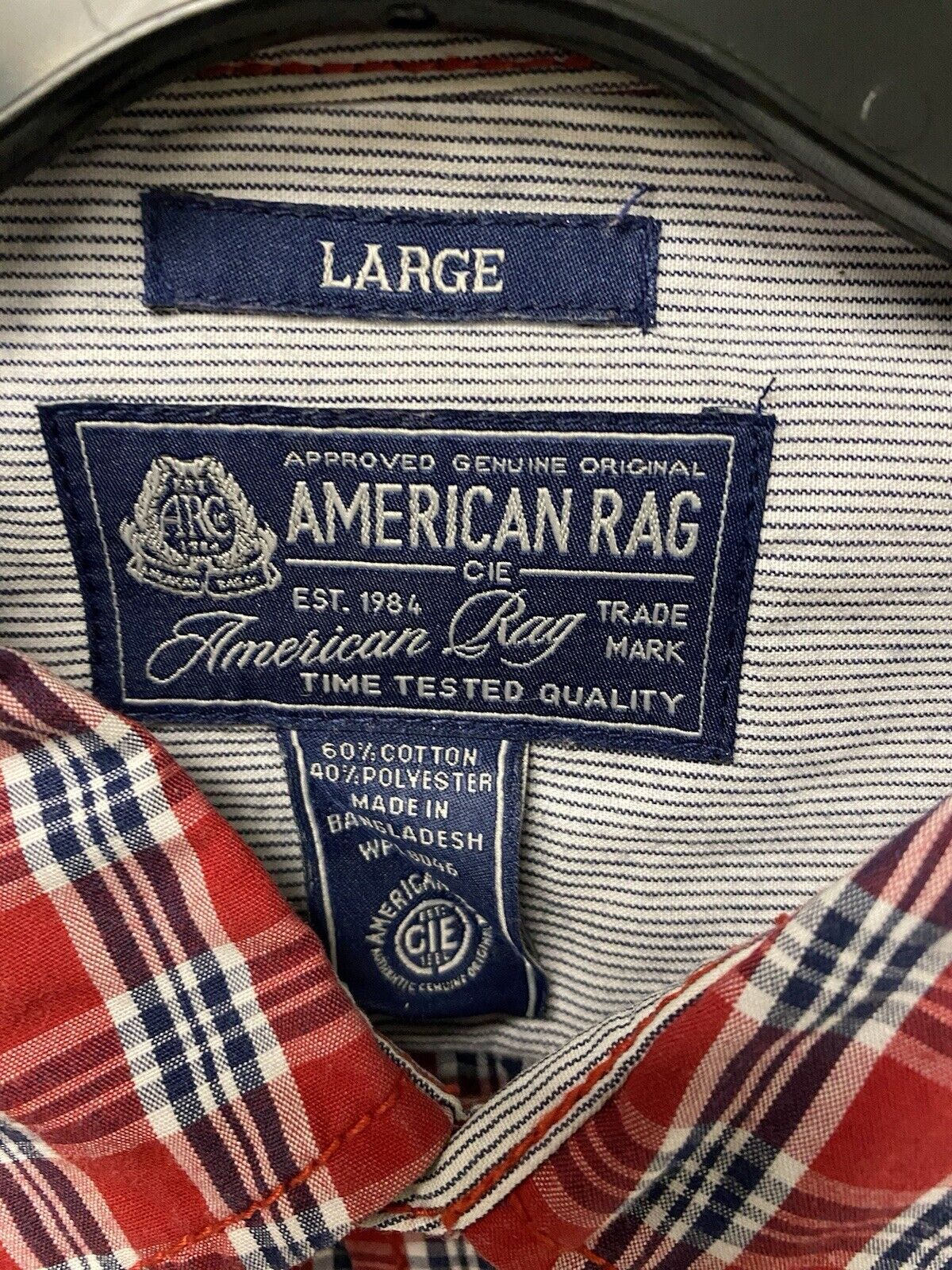 American Rag Red Blue Striped Logo Button Down Shirt Men’s Large