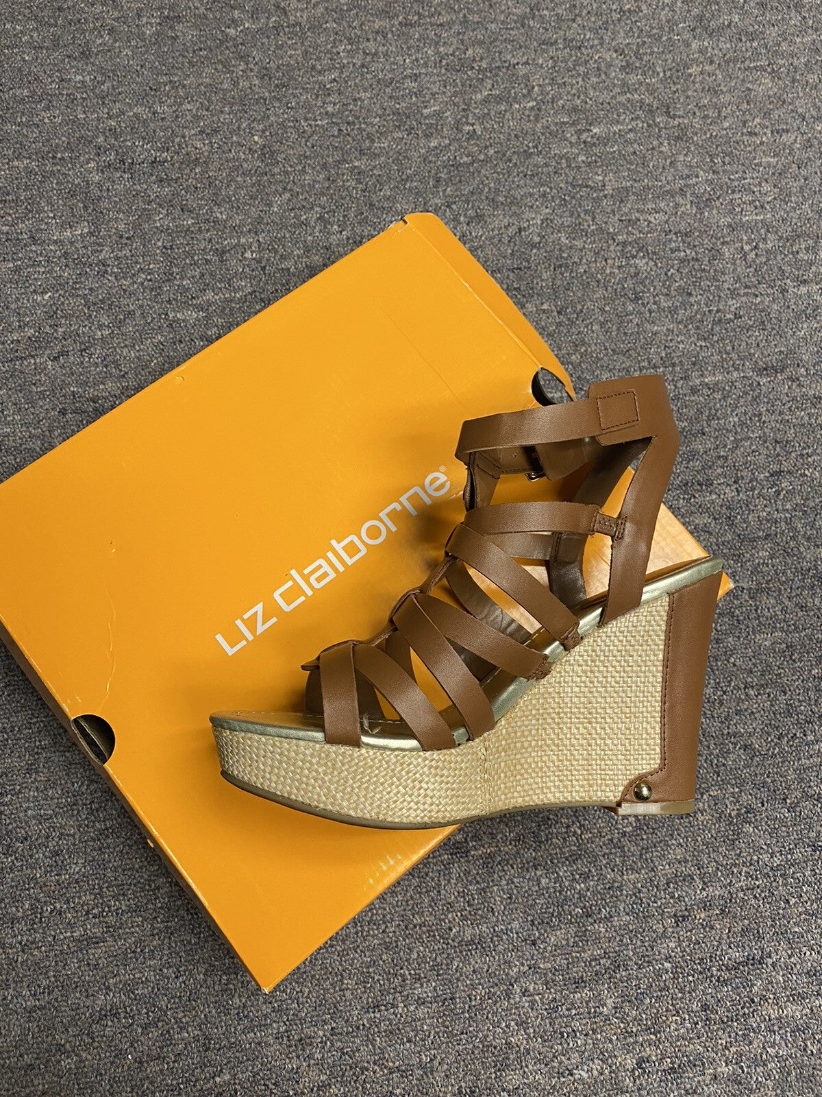 Liz Claiborne Platform Wedges Women 7 Sandals LC Crete Brown Tan Strappy Heels