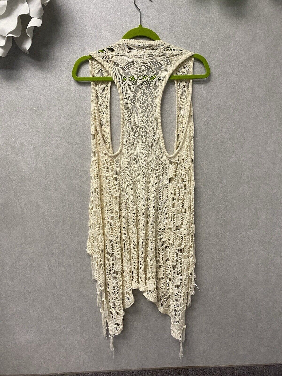 Rue 21 Small Fringe Open Crocheted Lace Trim Vest Hippie