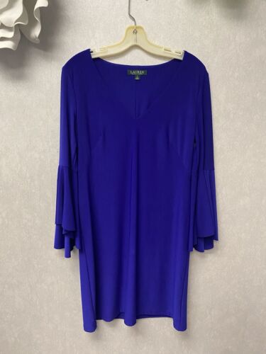 LAUREN RALPH LAUREN Women's Royal Blue Bell Sleeve V-neck Shift Dress Size 10