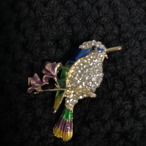 Vintage Style Beautiful SONG BIRD Enamel & Austrian Crystal BROOCH Pin Jewellery