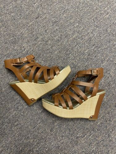 Liz Claiborne Platform Wedges Women 7 Sandals LC Crete Brown Tan Strappy Heels