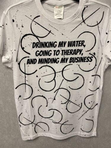 Revamped White/ Black Hand Painted T-shirt Size Small Drinking My Water Theme