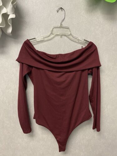 AFRM Bodysuit Burgundy  Off Shoulder Ribbed Long Sleeve Size XL