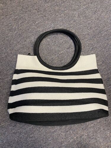 Newport Collection Black And White  Straw Tote Bag With Zip Top Round Handles