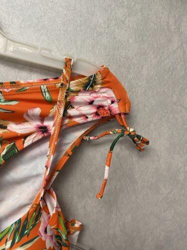 Shein Orange/ Green Padded Floral Bandeau Bikini Set Size Med