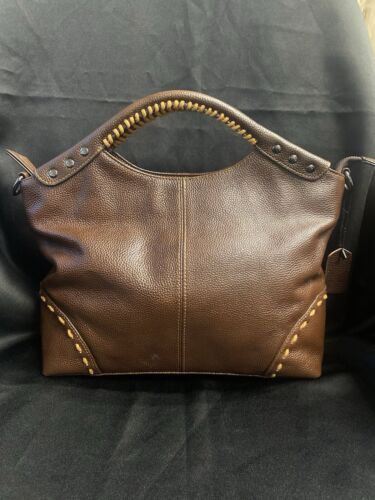 HESHE Pebble Leather Shoulder Purse Ladies Handbag Dark Brown / Tan Stitching