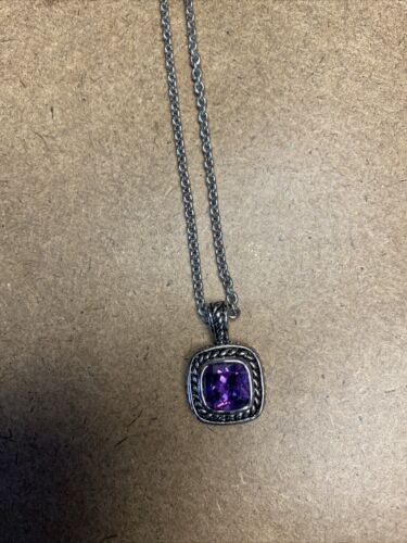 Silver Tone Purple Glass Stone Pendant Necklace