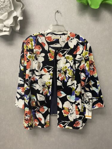 Alfred Dunner Floral Blazer Jacket Lined Navy White Coral -Size 24W