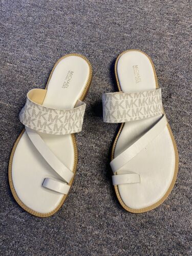 Michael Kors pratt flat Sandal vanilla mono PVC  Mk MONO shoes women Sz 9