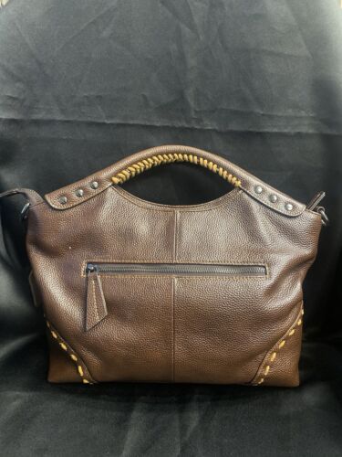 HESHE Pebble Leather Shoulder Purse Ladies Handbag Dark Brown / Tan Stitching