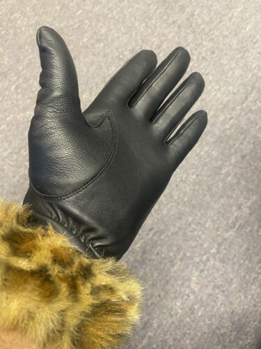 Black Leather And Animal Print Gloves Size Medium