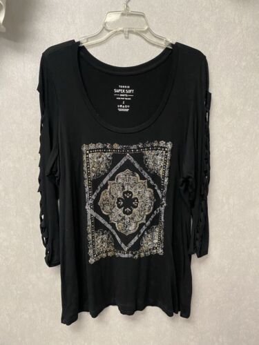 Torrid Peasant Black Graphic Soft Knit Distressed Sleeves Size 2 - (XL)