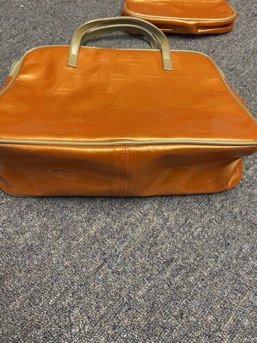 Vintage Clinique Cosmetic Make-up Travel Bag Orange with Cream Handle Set of 2