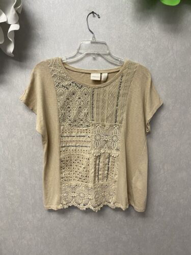 Chico's Beige Lace Sequin Knit Top Short Sleeve Size 2