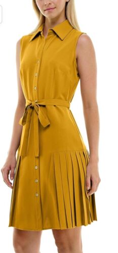 Sharagano Collared Button Down Yellow Sleeveless Belted Midi Dress Sz 12