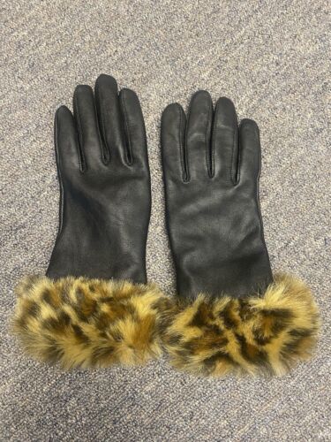 Black Leather And Animal Print Gloves Size Medium