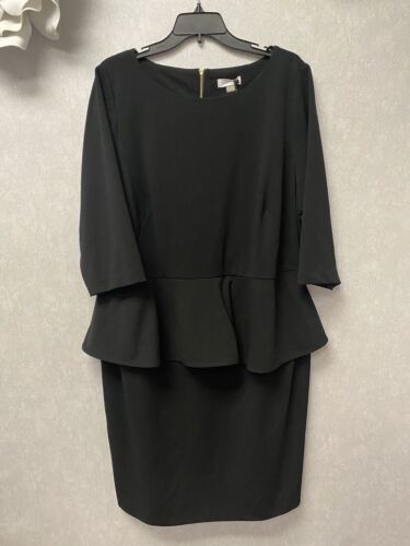 Calvin Klein Black 3/4 Sleeve Peplum Knee Length Dress Women’s Size 18 New