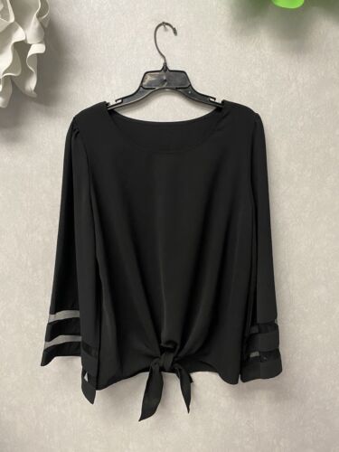 Black Blouse With Front Tie And Sheer Panel Sleeves Size Large