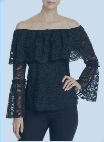 CUPIO BLACK BOHO LINED LACE DOUBLE RUFFLE BELL SLEEVE BLOUSE TOP Med