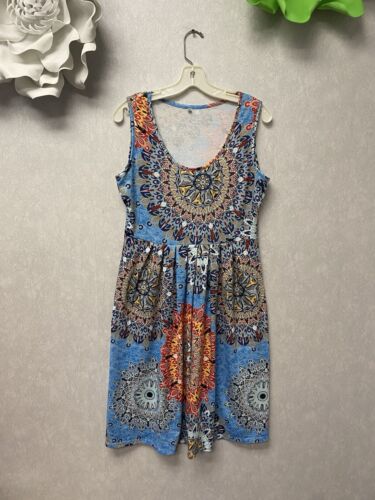 Blue Multi Mandala Print Floral Dress Sleeveless Sz Med