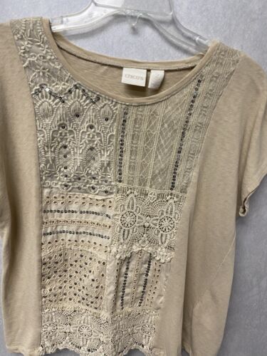 Chico's Beige Lace Sequin Knit Top Short Sleeve Size 2